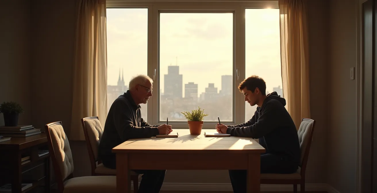 Un aîné et un jeune étudiant partagent un moment de quiétude dans un appartement montréalais, symbolisant la compagnie paisible.