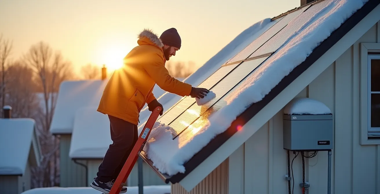 Maison moderne québécoise avec panneaux solaires sous la neige en hiver