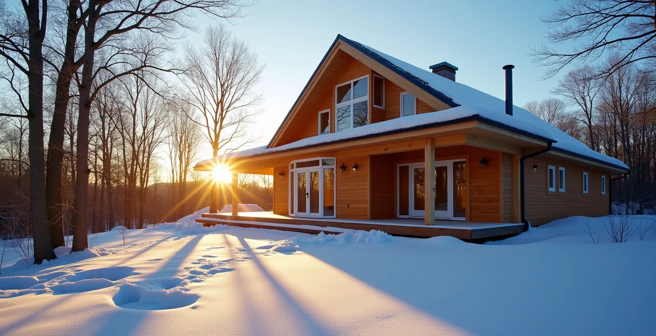 Maison québécoise montrant l'orientation solaire optimale avec trajectoire du soleil en hiver et été