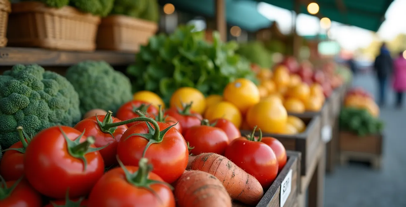 Vue macro détaillée de produits frais locaux sur un étal de marché public québécois