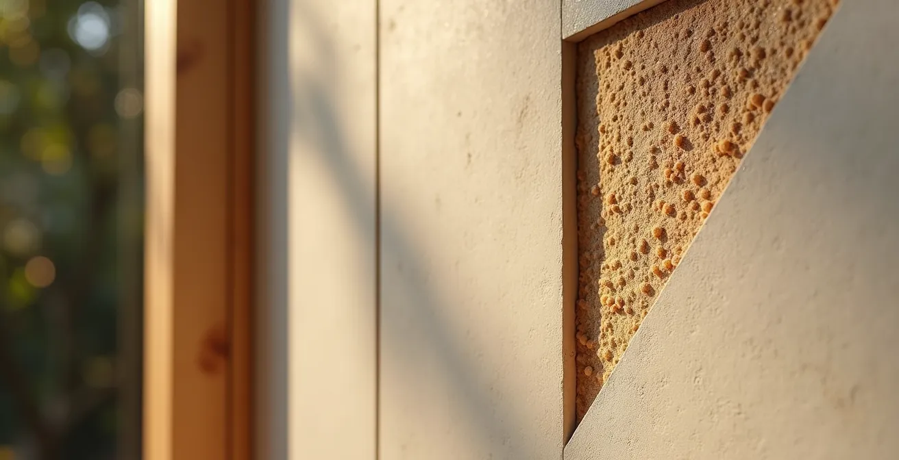Intérieur de maison avec mur en béton de chanvre et finitions en bois naturel