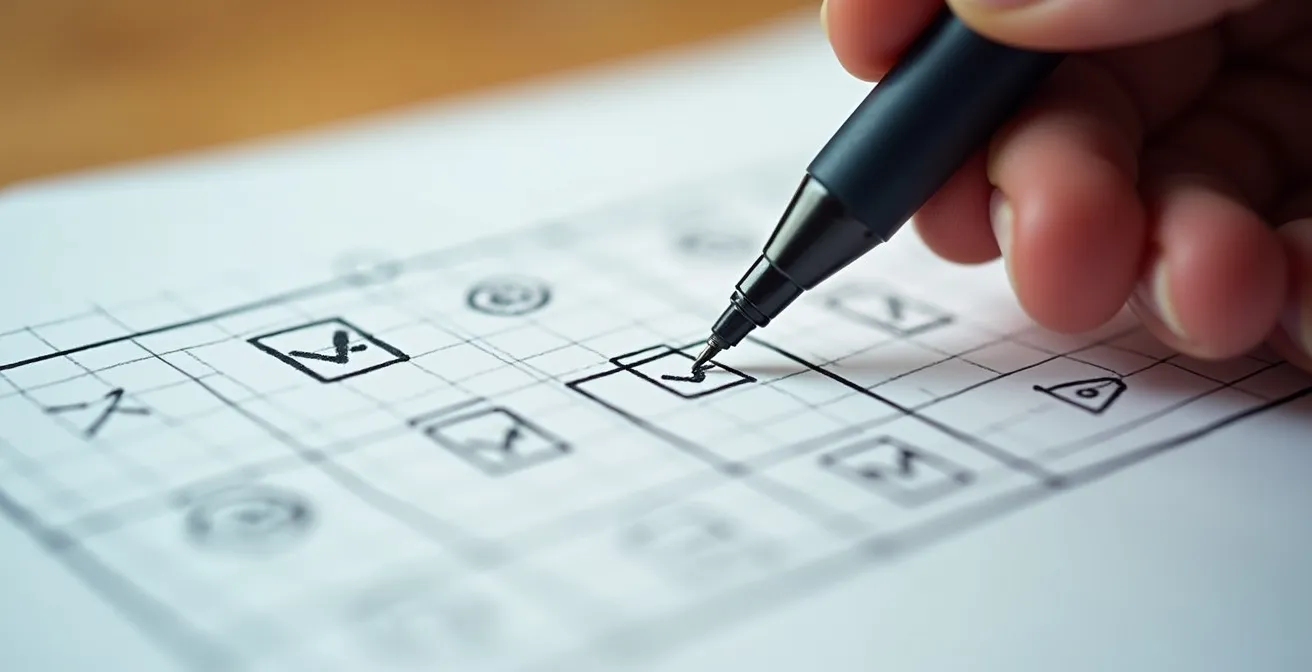 Vue macro d'une main traçant une matrice décisionnelle sur papier millimétré