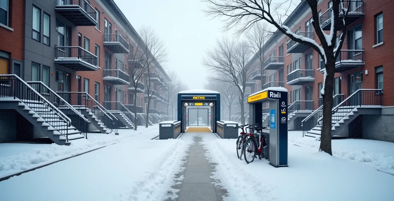 Station de métro et vélos BIXI sous la neige dans un quartier de Montréal