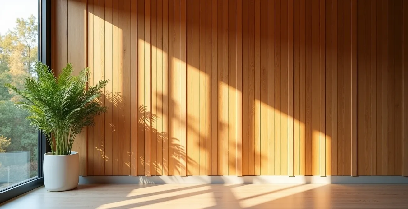 Mur d'accent en lattes de bois d'érable dans un salon contemporain