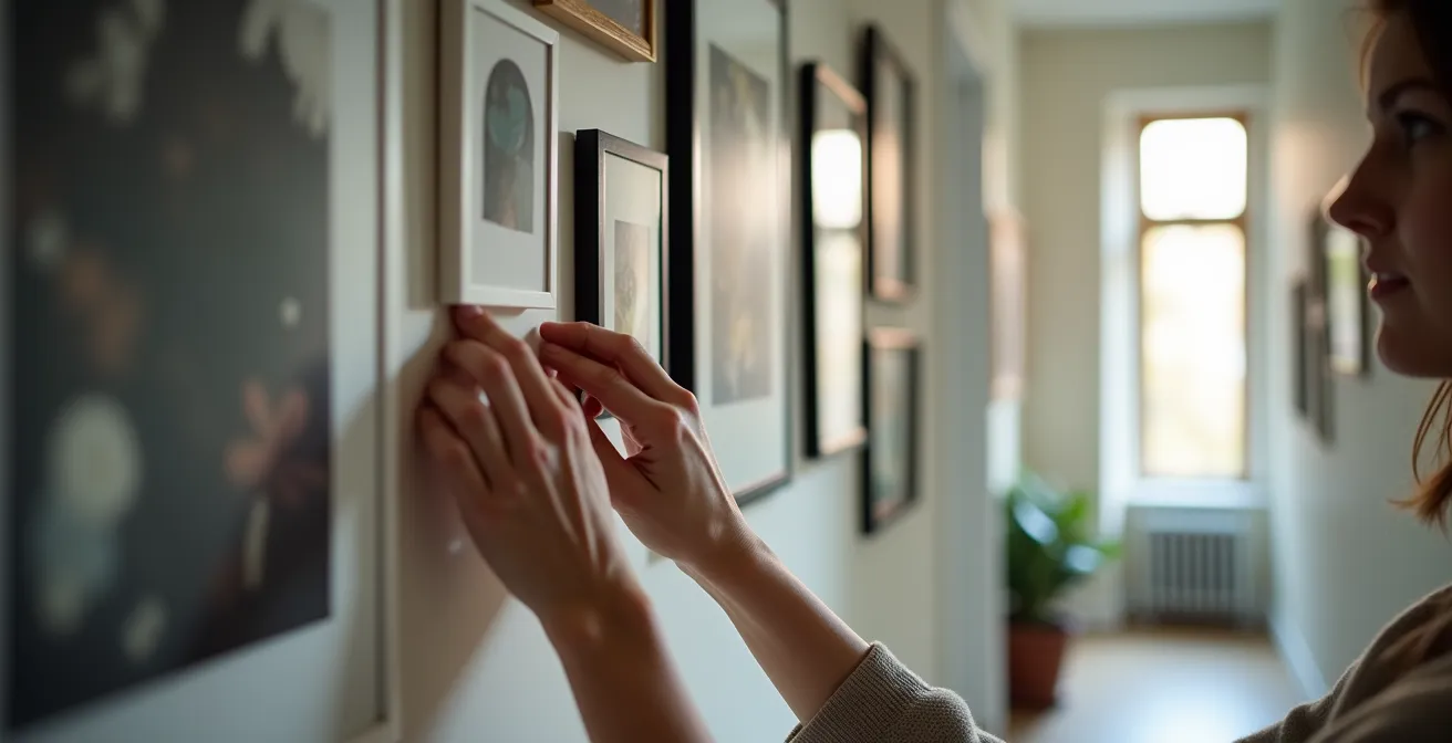 Mur de galerie avec cadres disposés de manière artistique dans un corridor montréalais