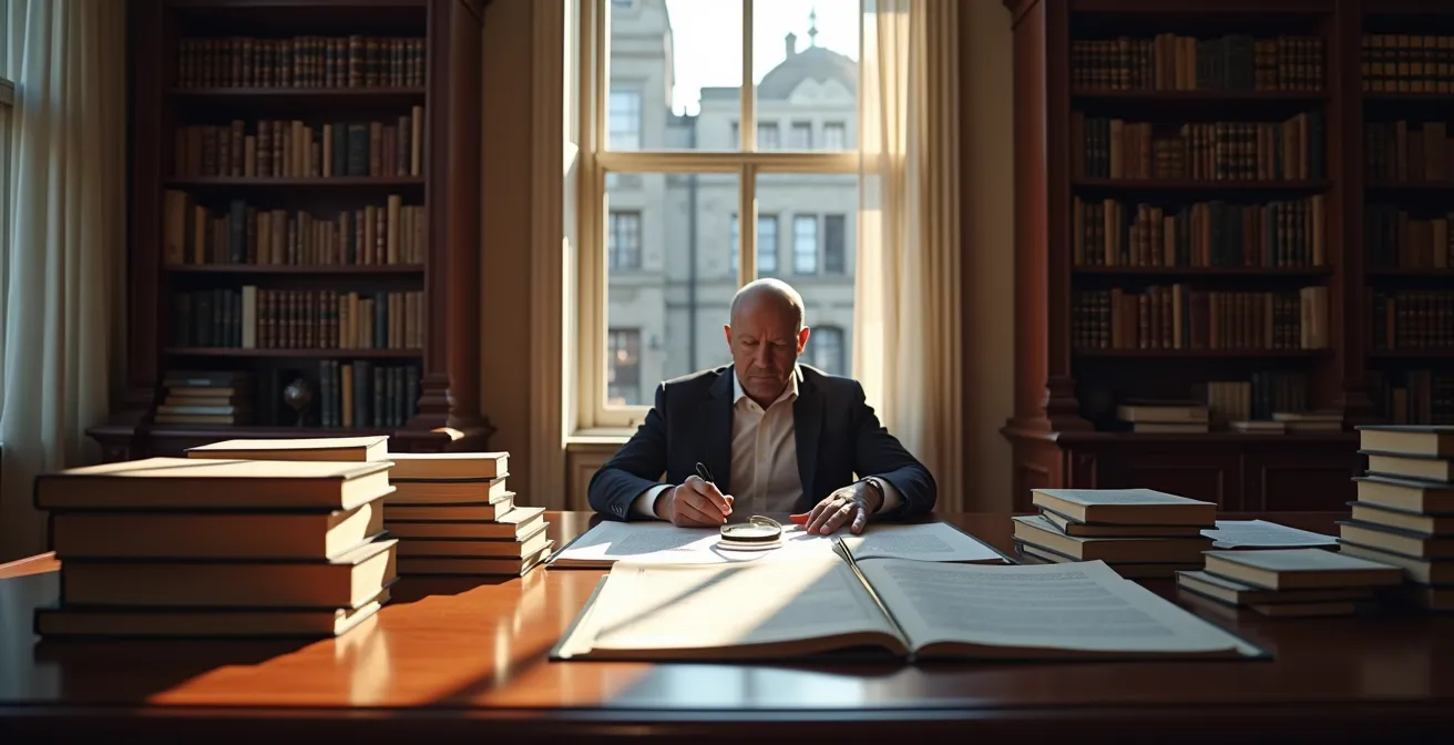 Notaire québécois analysant minutieusement des documents juridiques dans son bureau traditionnel