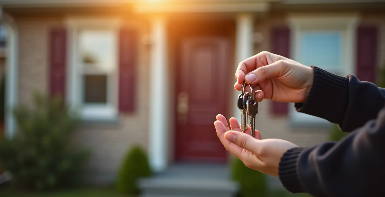 Mains tenant des clés devant une porte d'entrée de maison québécoise traditionnelle