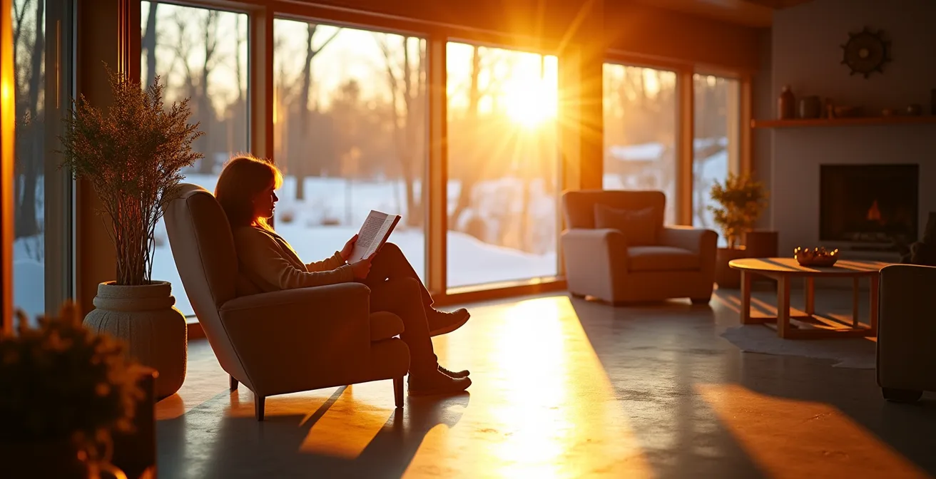 Coupe transversale d'une maison québécoise montrant la trajectoire du soleil en été et en hiver avec les zones d'ombre et de lumière
