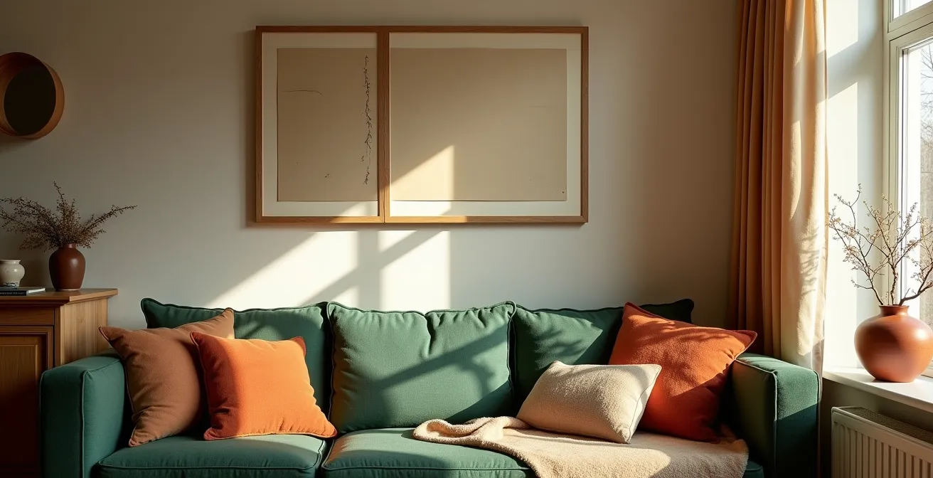 Démonstration visuelle de la règle 60-30-10 dans un salon avec des couleurs terre québécoises