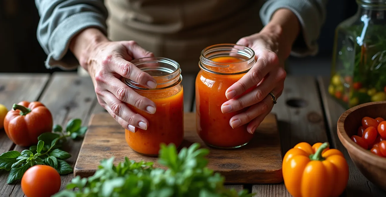 Une aînée québécoise enseigne à une jeune étudiante la préparation de conserves traditionnelles dans une cuisine rustique.