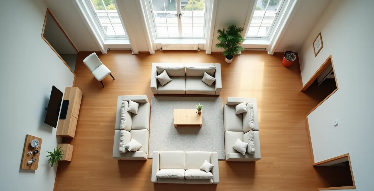 Vue aérienne d'un salon d'appartement en colocation avec espaces communs bien définis