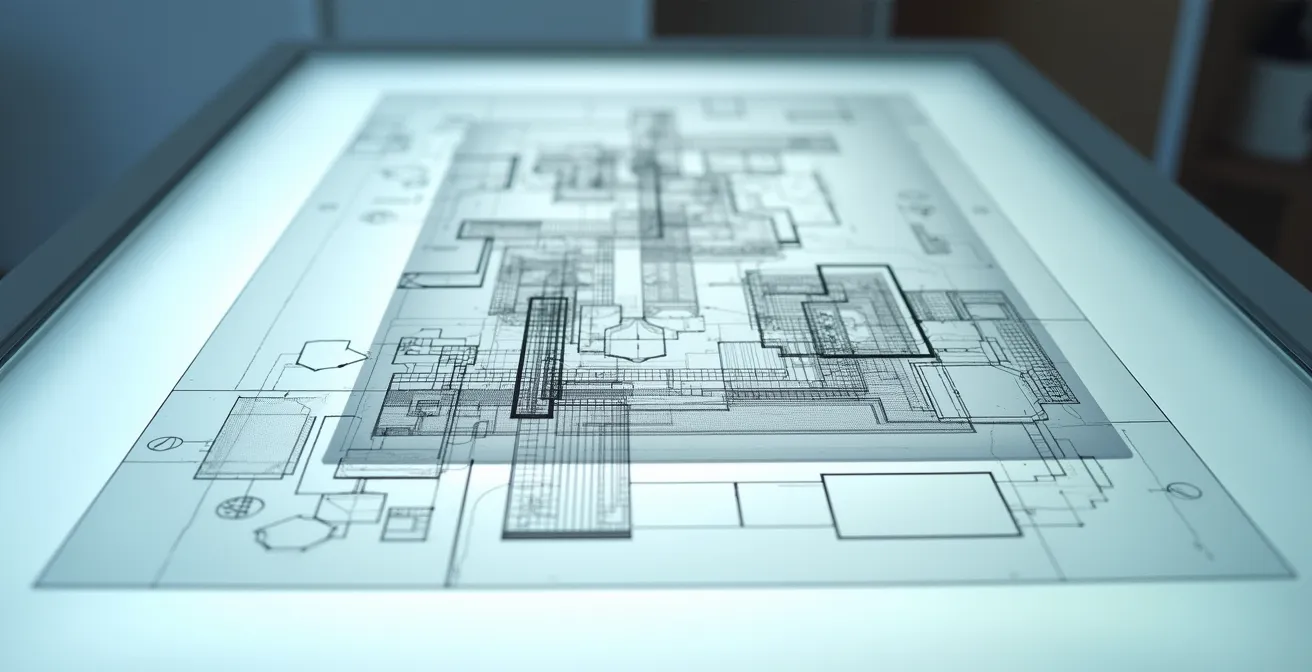 Superposition transparente de plans d'architecture, structure et ventilation montrant les conflits potentiels