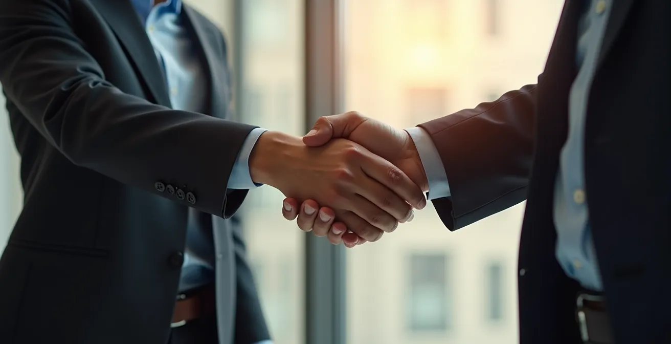 Poignée de main professionnelle entre acheteur et vendeur dans un espace lumineux