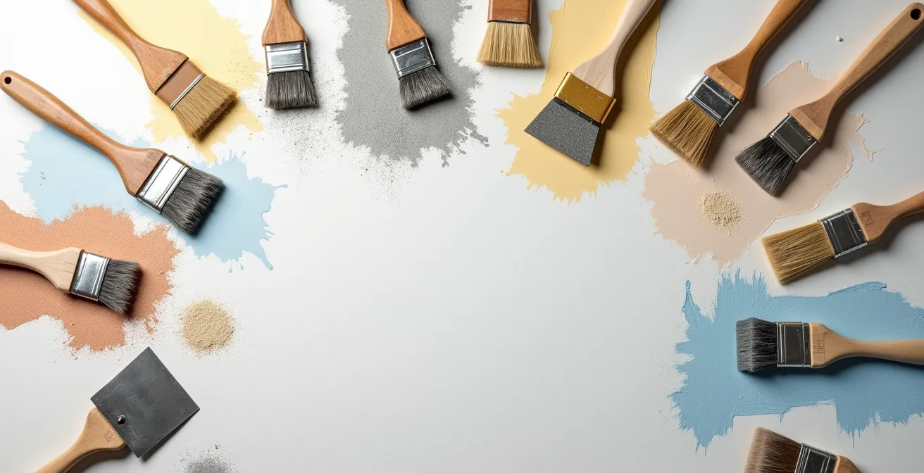 Arrangement artistique d'outils de préparation de murs sur surface de travail propre