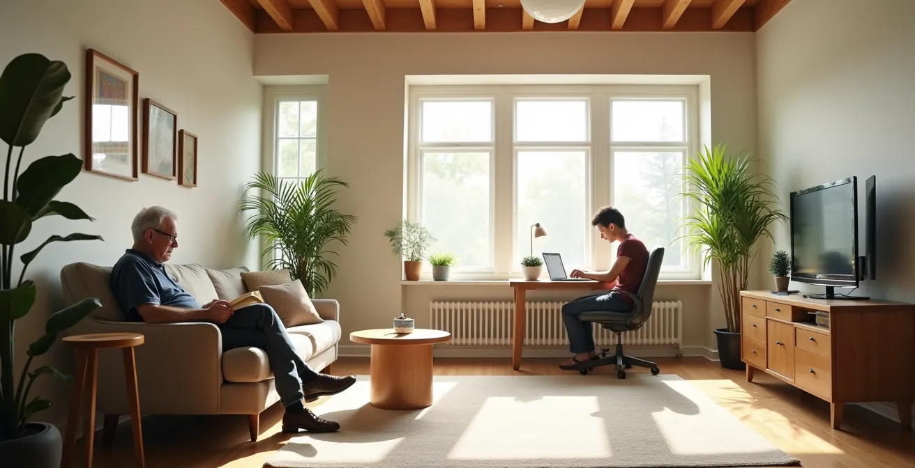 Salon lumineux où une personne âgée et un jeune adulte partagent un moment de lecture dans un environnement chaleureux
