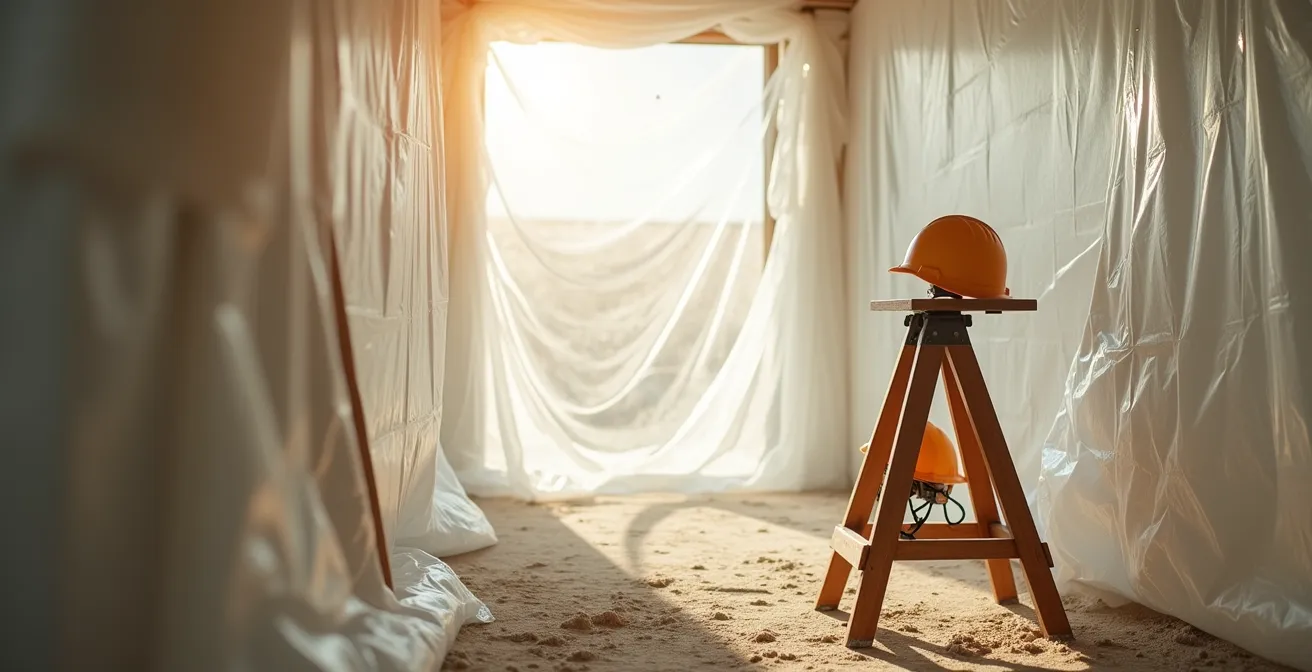 Intérieur de maison en rénovation avec bâches de protection et équipements de sécurité