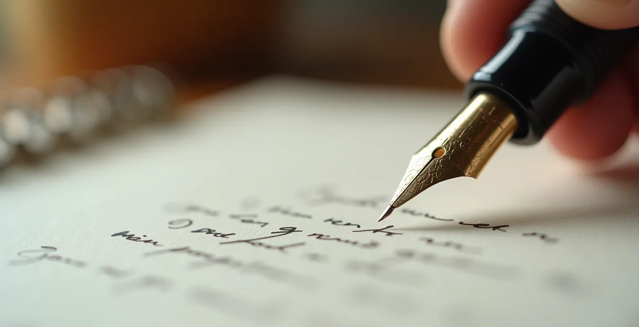 Gros plan macro sur une main tenant un stylo plume au-dessus d'une feuille de papier texturé