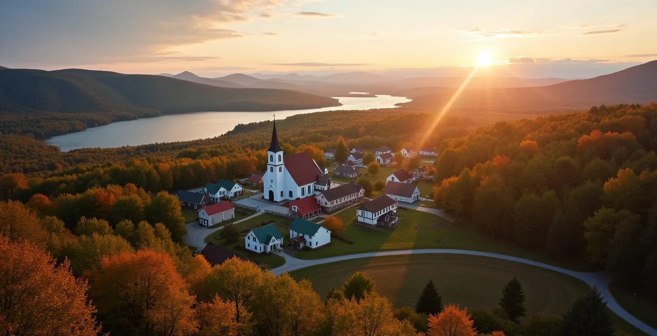 Panorama époustouflant d'une région québécoise avec village pittoresque niché entre montagnes et cours d'eau