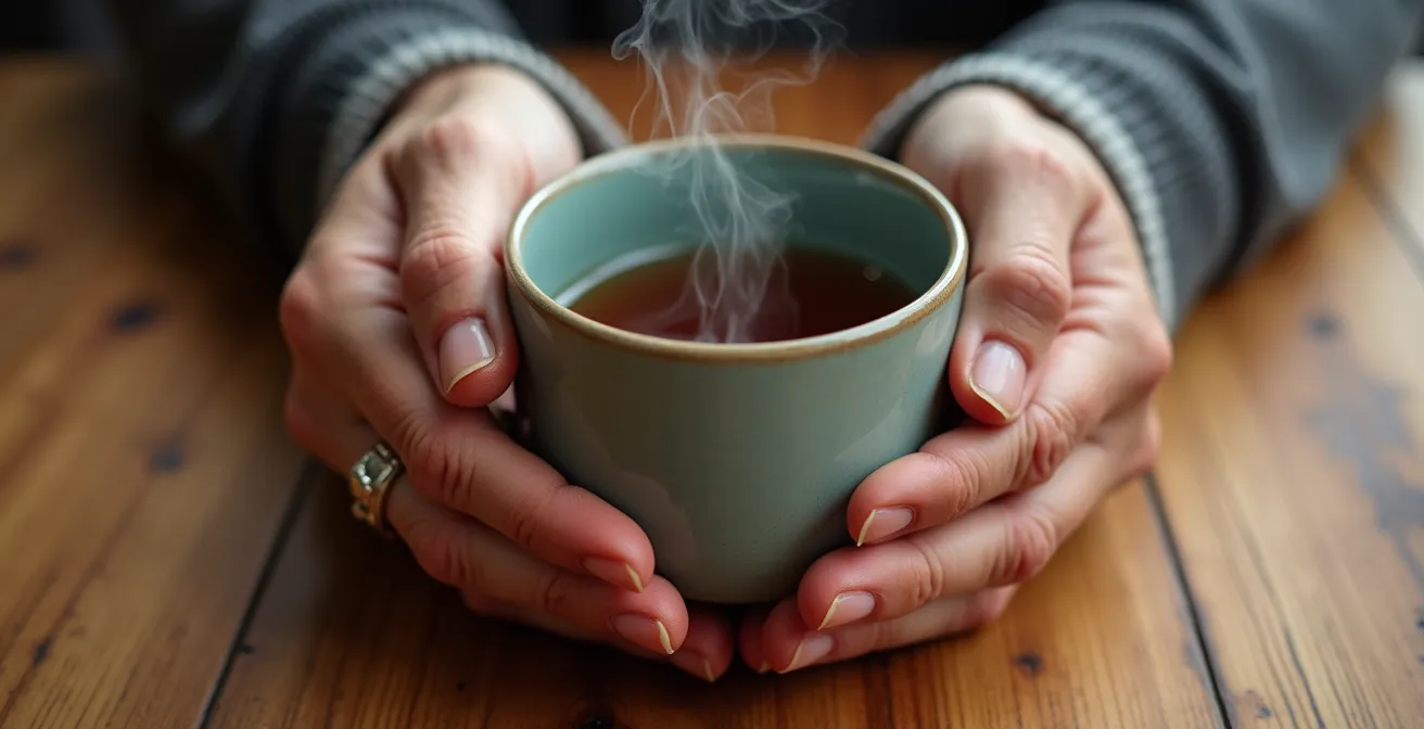 Gros plan sur des mains de différents âges tenant ensemble une tasse de thé fumante sur une table en bois