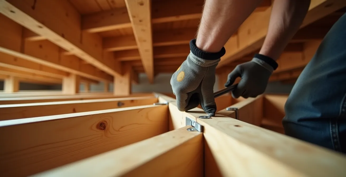 Vue en contre-plongée de solives de plancher renforcées avec poutres et croix de Saint-André