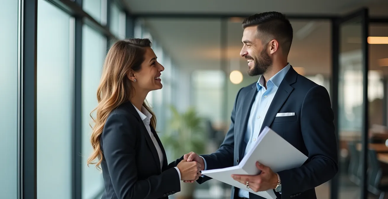 Professionnels québécois échangeant des documents immobiliers dans un bureau moderne