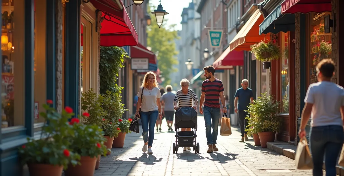 Perspective de rue commerçante animée avec vitrines colorées et terrasses dans un quartier montréalais