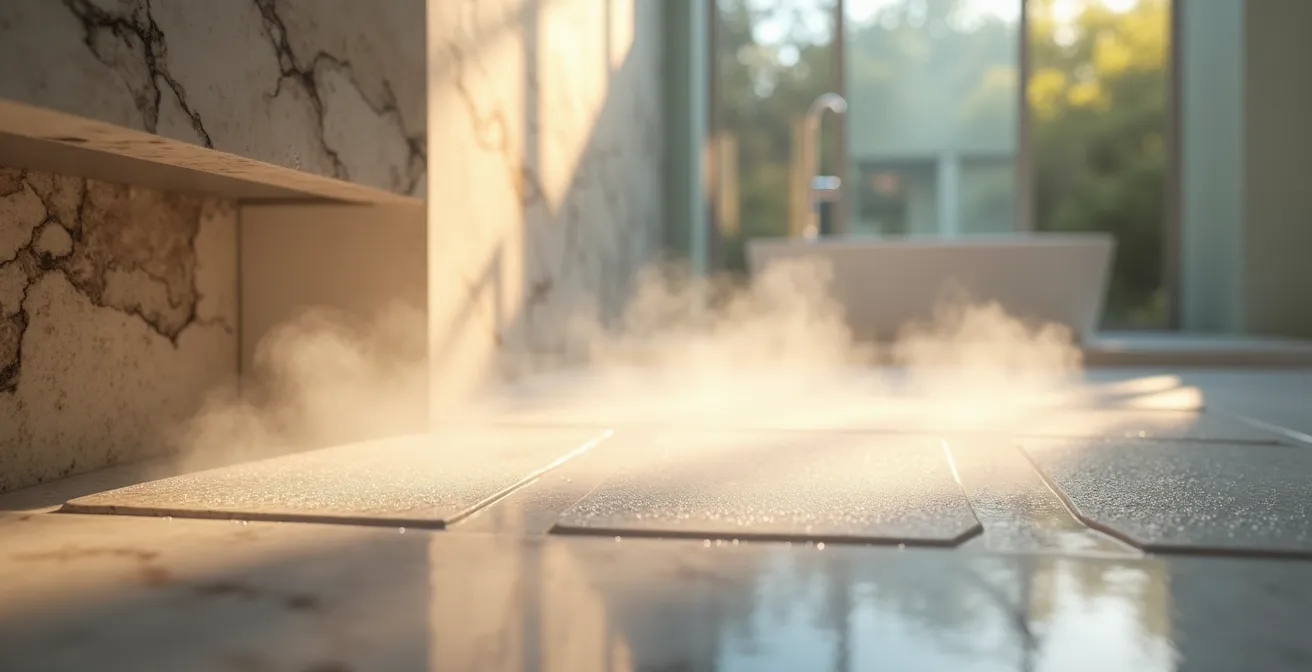 Salle de bain moderne avec douche à l'italienne vitrée et plancher chauffant, ambiance spa avec matériaux naturels