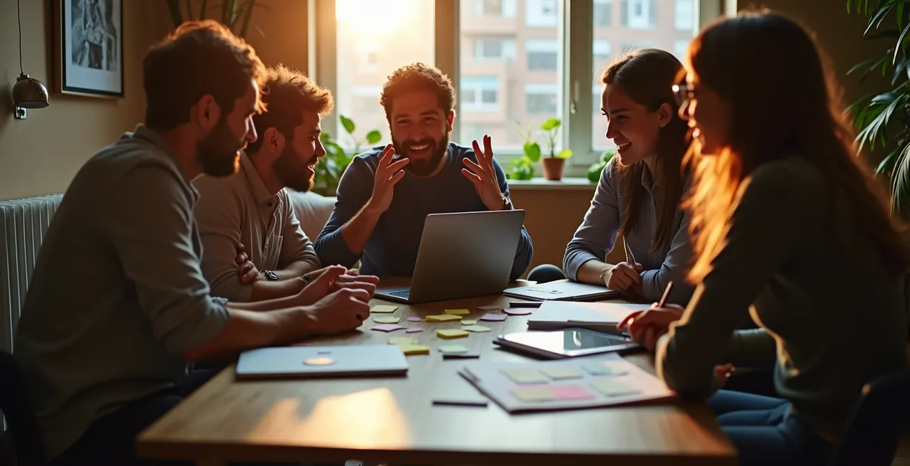 Groupe de jeunes professionnels en session de brainstorming dans un salon résidentiel transformé en espace de travail collaboratif