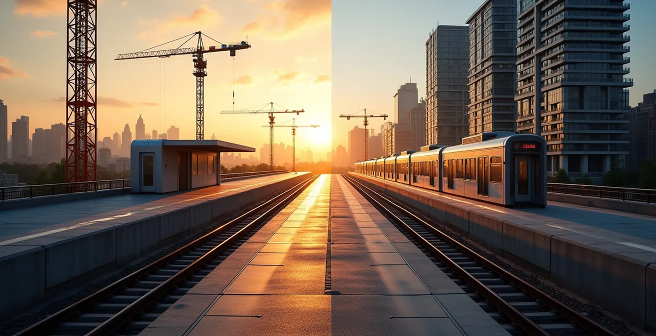 Vue d'une station du REM en construction avec développement immobilier environnant