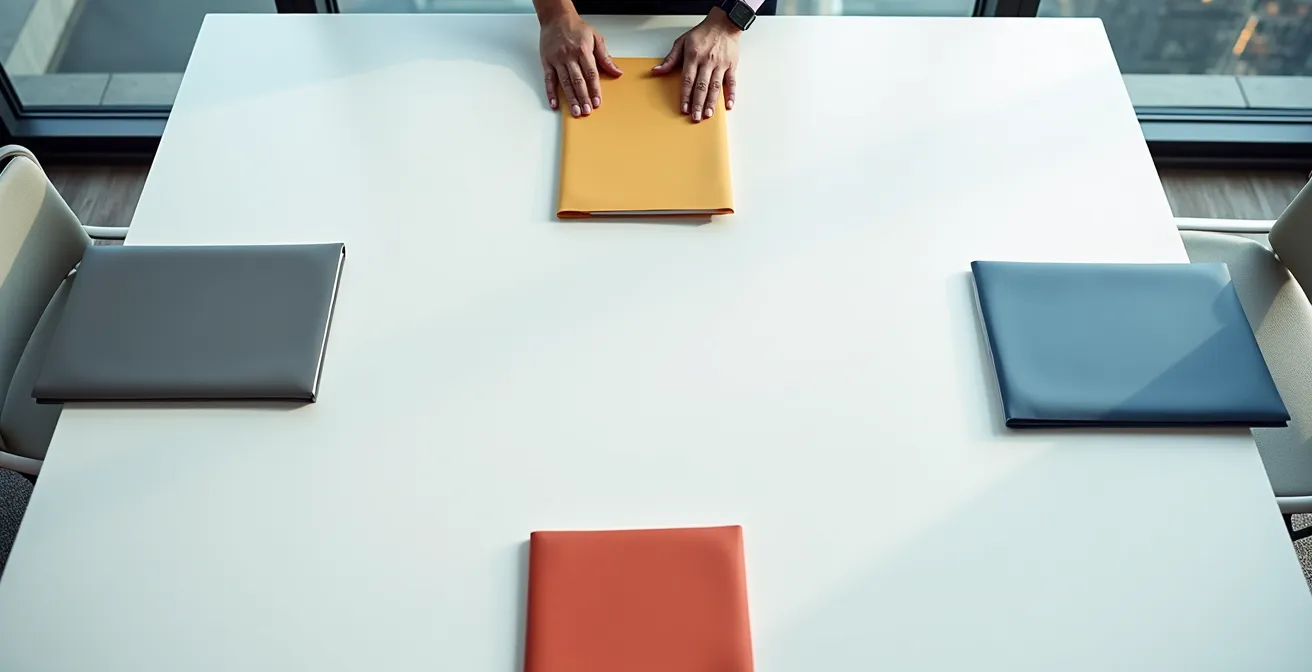 Vue aérienne minimaliste d'une table de négociation avec plusieurs offres d'achat disposées en éventail