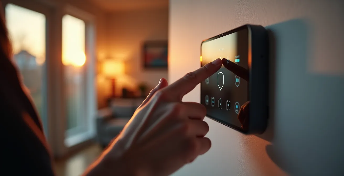 Interface de contrôle domotique sur tablette montrant la gestion énergétique d'une maison