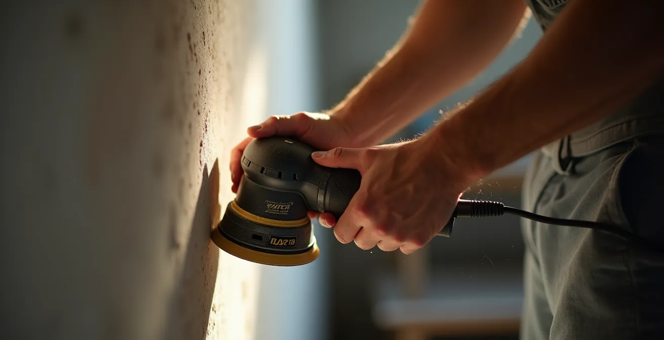 Personne utilisant une ponceuse avec lumière baladeuse révélant les imperfections du mur