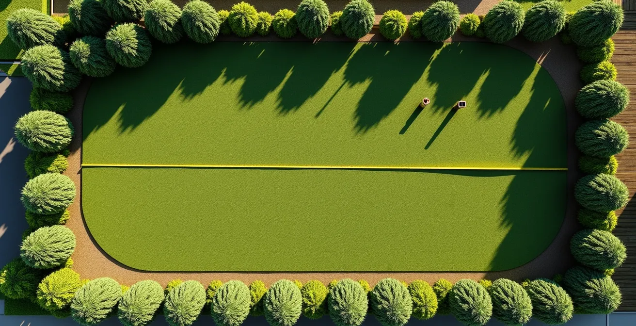 Vue aérienne d'un terrain résidentiel avec les lignes de propriété et les zones constructibles définies par les marges de recul.