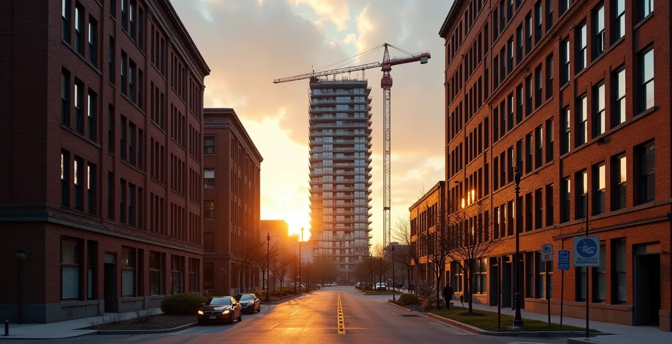 Chantier de construction moderne à côté de bâtiments patrimoniaux montréalais