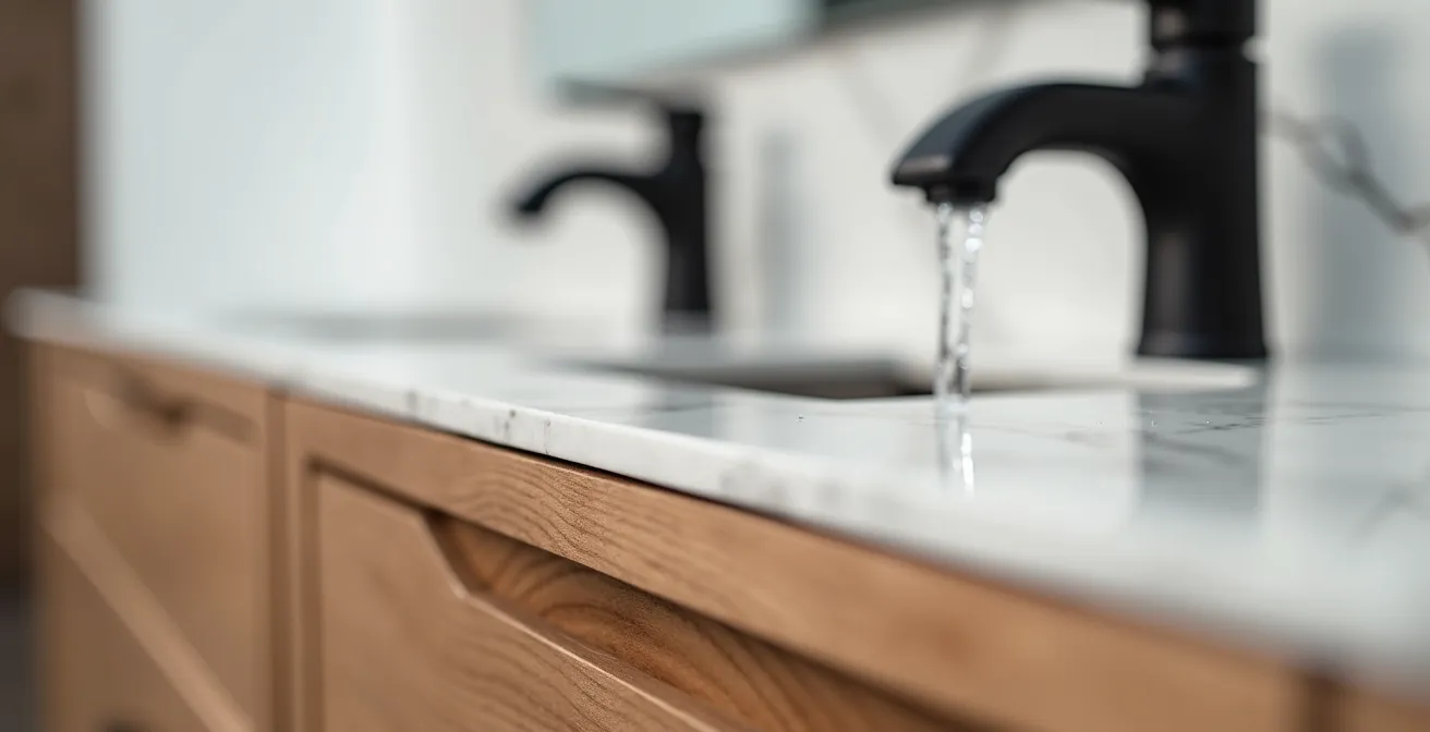 Vanité flottante en érable avec robinetterie canadienne noir mat dans une salle de bain contemporaine